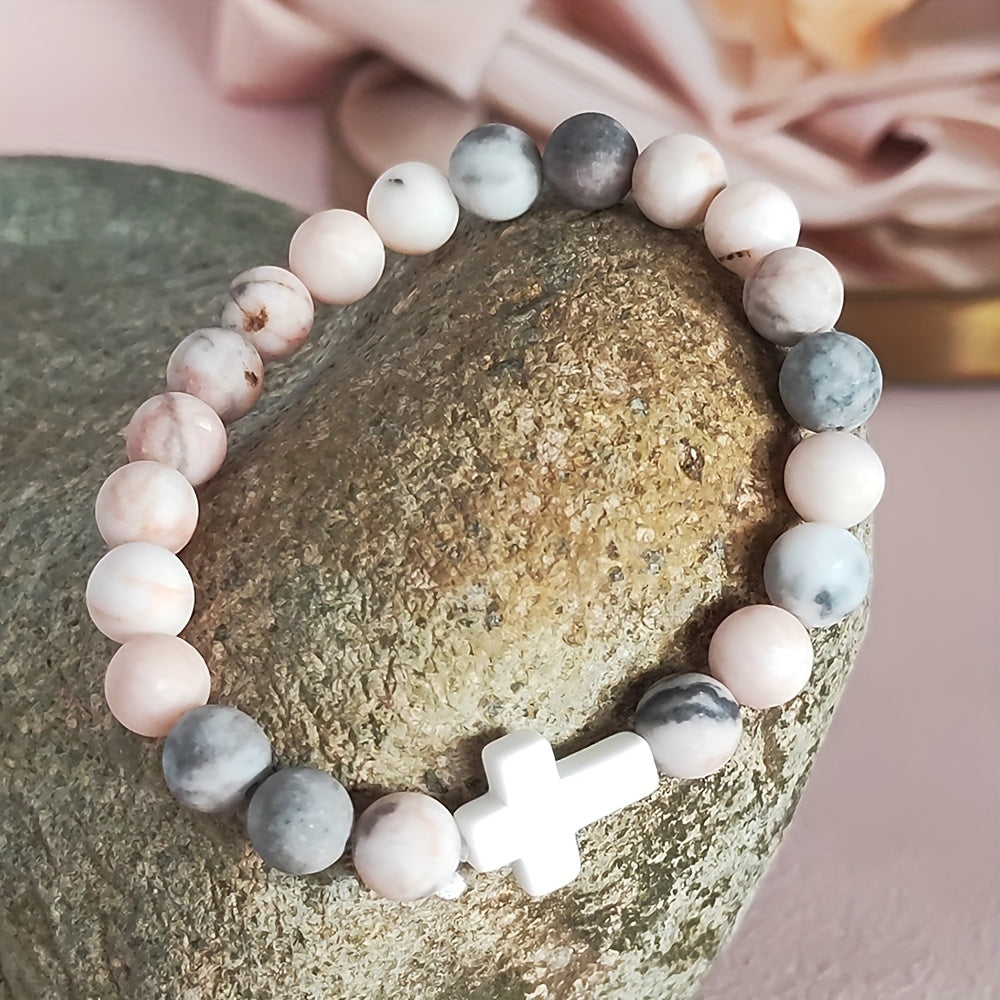 Vintage Stone Cross Bracelet Christian Gift with Prayer Card