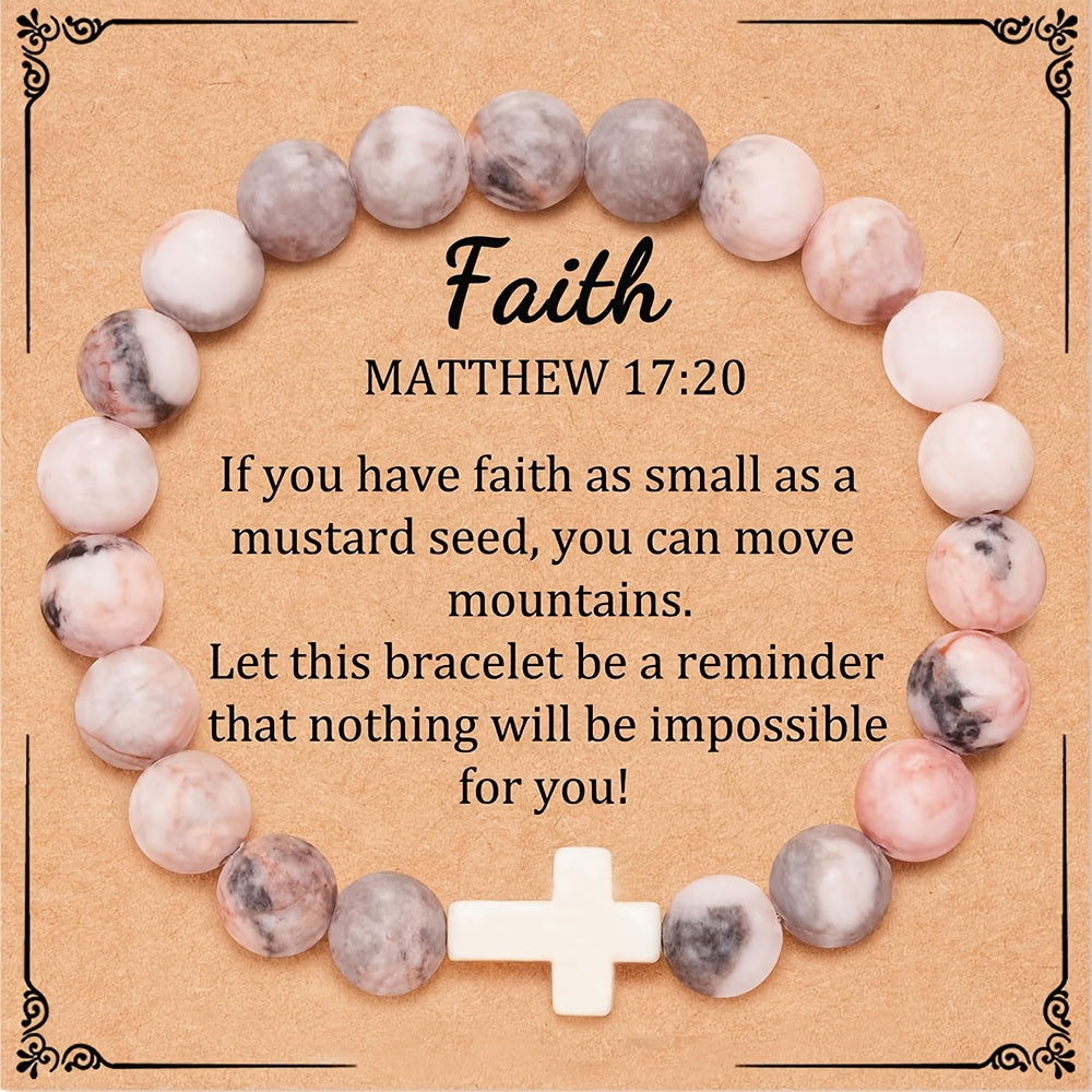 8mm Natural Stone Cross Bracelet Vintage Christian Gift