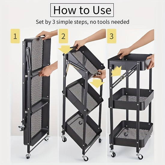 1pc Foldable 3Tier Metal Cart with Wheels No Assembly Required Foldable for SpacesavingSuitable for Offices Studies And Other Places for Storing Office Supplies Labor Day Exclusive Christmas PrelaunchSuitable for Offices And Studies