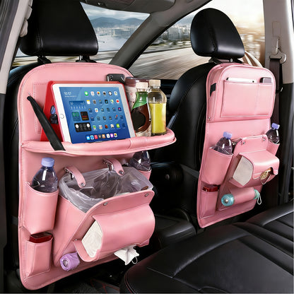 QIANKUNBAG Car Back Seat Organizer with Foldable Tray Interior Tissue Holder Footrest Protector And MultiPocket Hanging Storage Bag  Durable PU Fabric for Shopping  Essentials Car Seat OrganizatioPink Black Grey Brown Beige