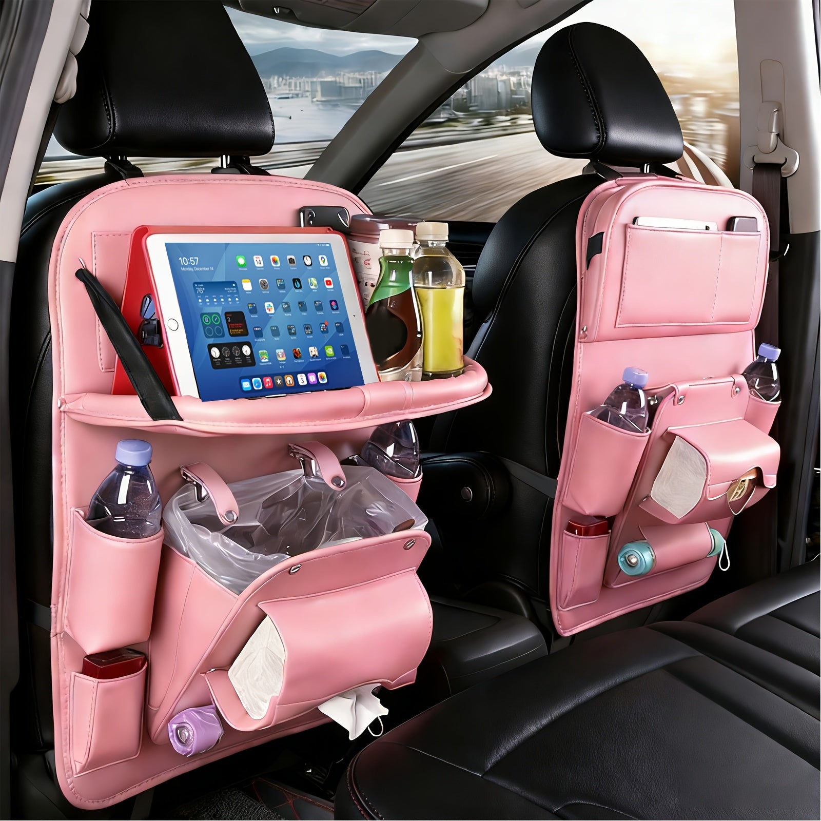 QIANKUNBAG Car Back Seat Organizer with Foldable Tray Interior Tissue Holder Footrest Protector And MultiPocket Hanging Storage Bag  Durable PU Fabric for Shopping  Essentials Car Seat OrganizatioPink Black Grey Brown Beige