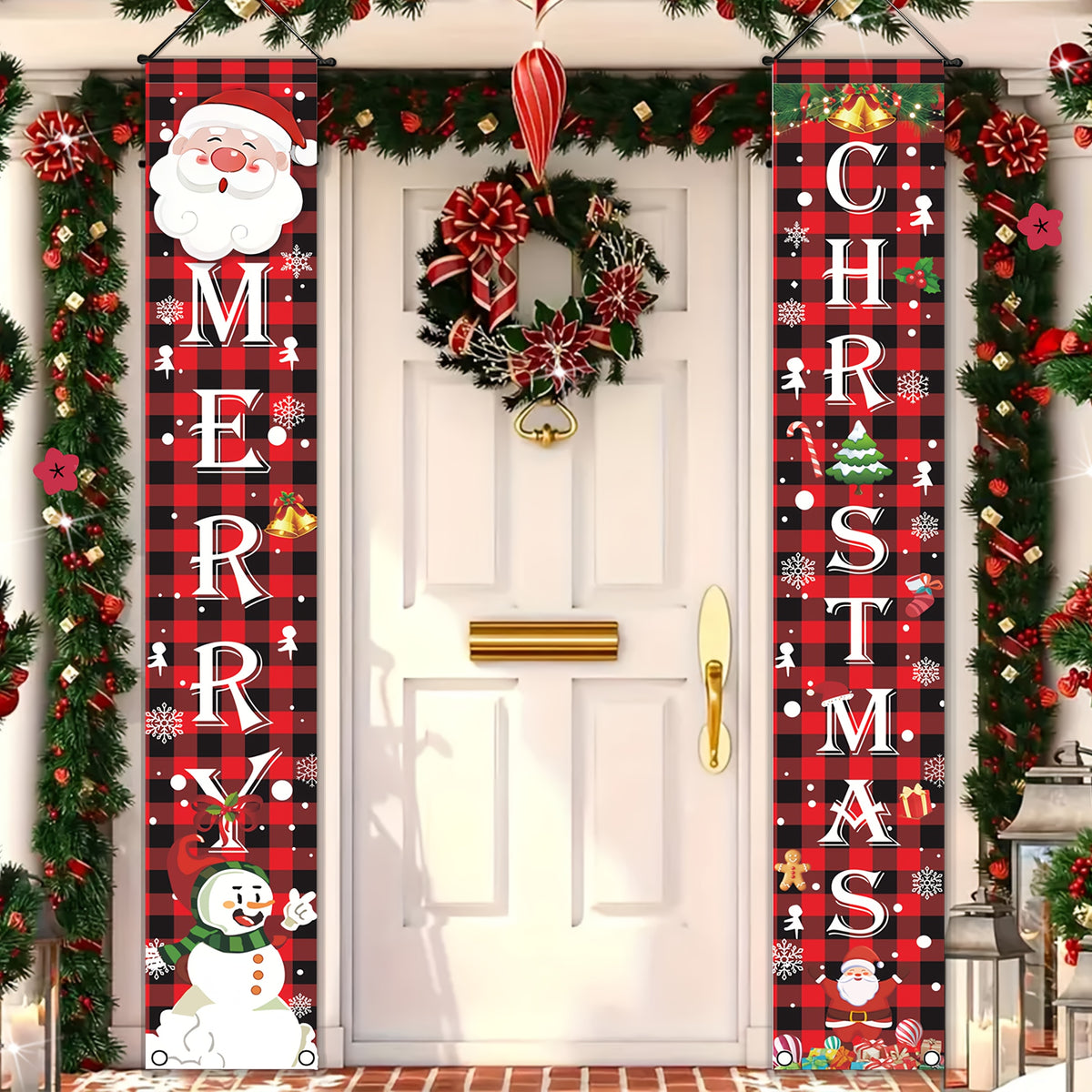 Modern Christmas Gifts Happy Holidays AllMatch Door Curtain Banner Set 1 Pair Durable Polyester Red Wall Sticker Signage Easy to Hang And Reuse IndoorOutdoor Entrance Decoration No Power Need Family Party